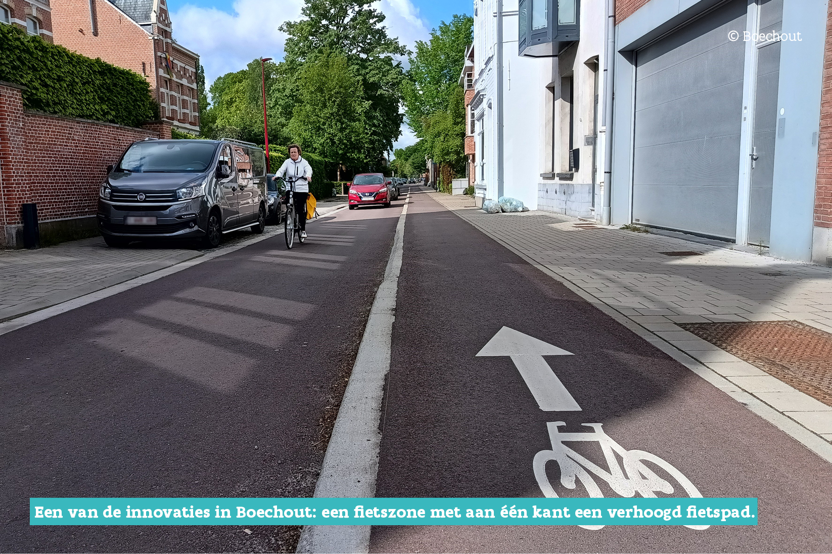 Een van de innovaties in Boechout: een fietszone met aan één kant een verhoogd fietspad